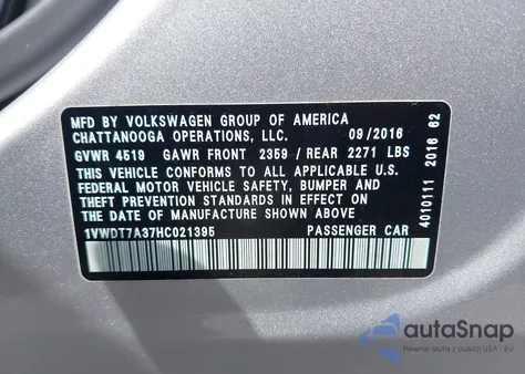 2017 Volkswagen Passat 1.8T R-Line z USA, uszkodzony, nr VIN 1VWDT7A37HC021395